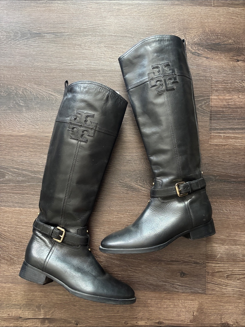 Tory Burch Black Leather Tall Riding Boots with Buckle Detail